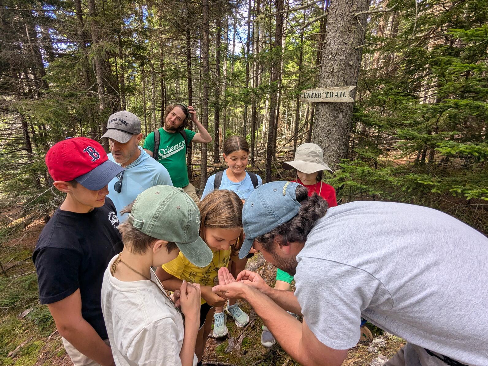 Campers looking at an Eastern Red-Backed Salamander