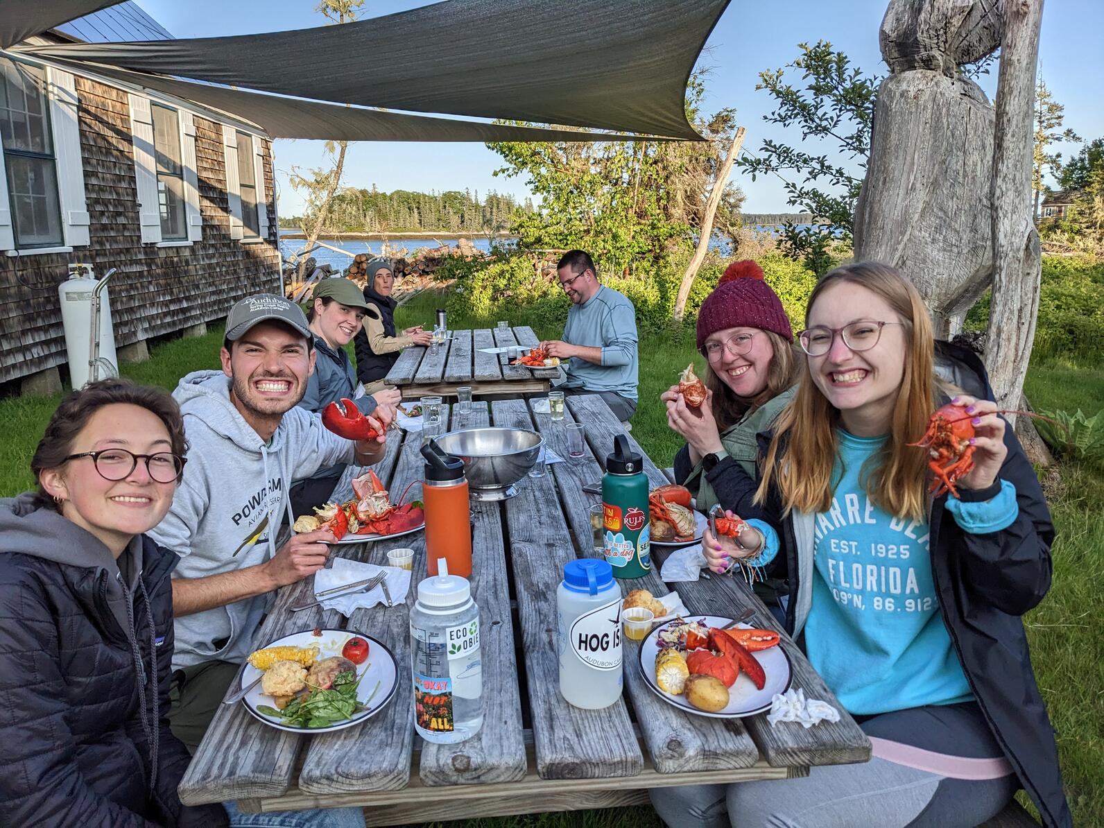 Campers delighting in a fresh-caught lobster dinner